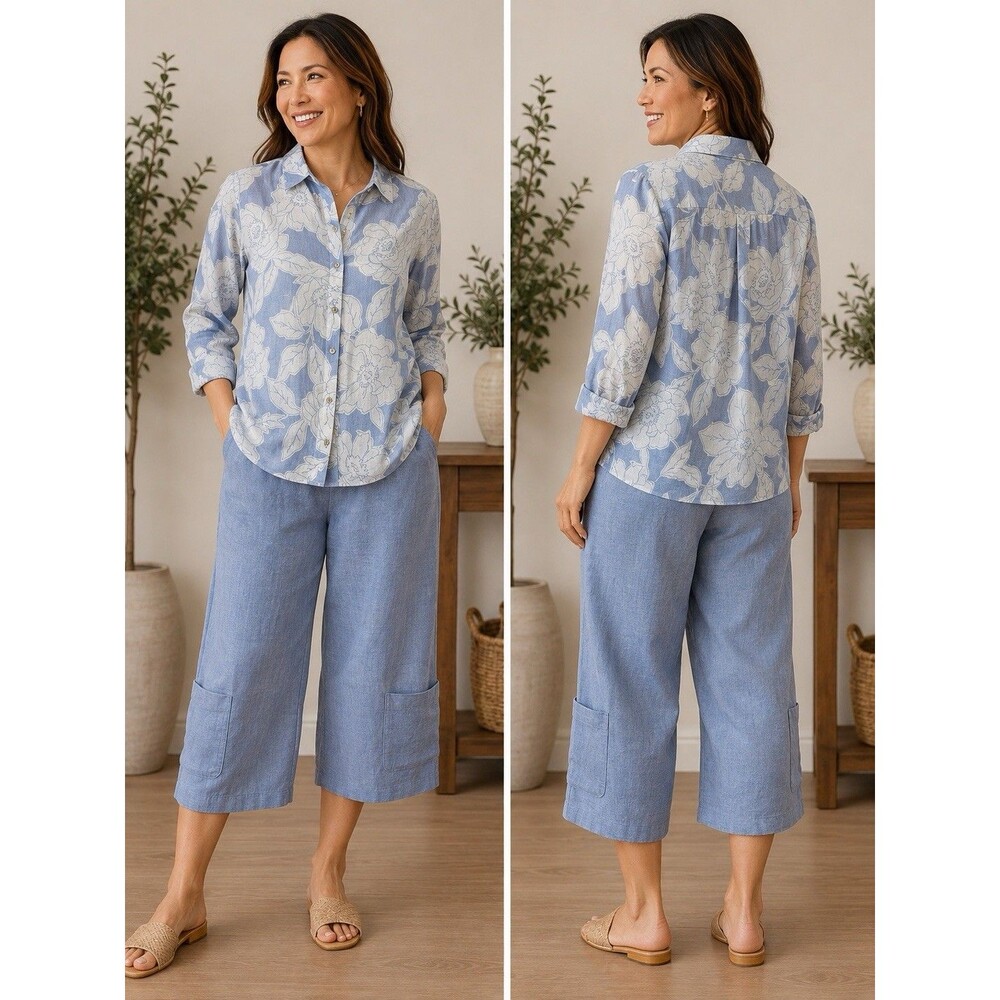J Jill Shirt women’s button up blouse 100% Linen Blue Floral vented sides Large